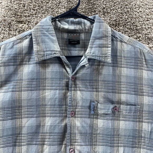 FUBU Shirt Mens Large Blue Plaid Short Sleeve Button Up Hip Hop Streetwear Logo - Picture 2 of 12